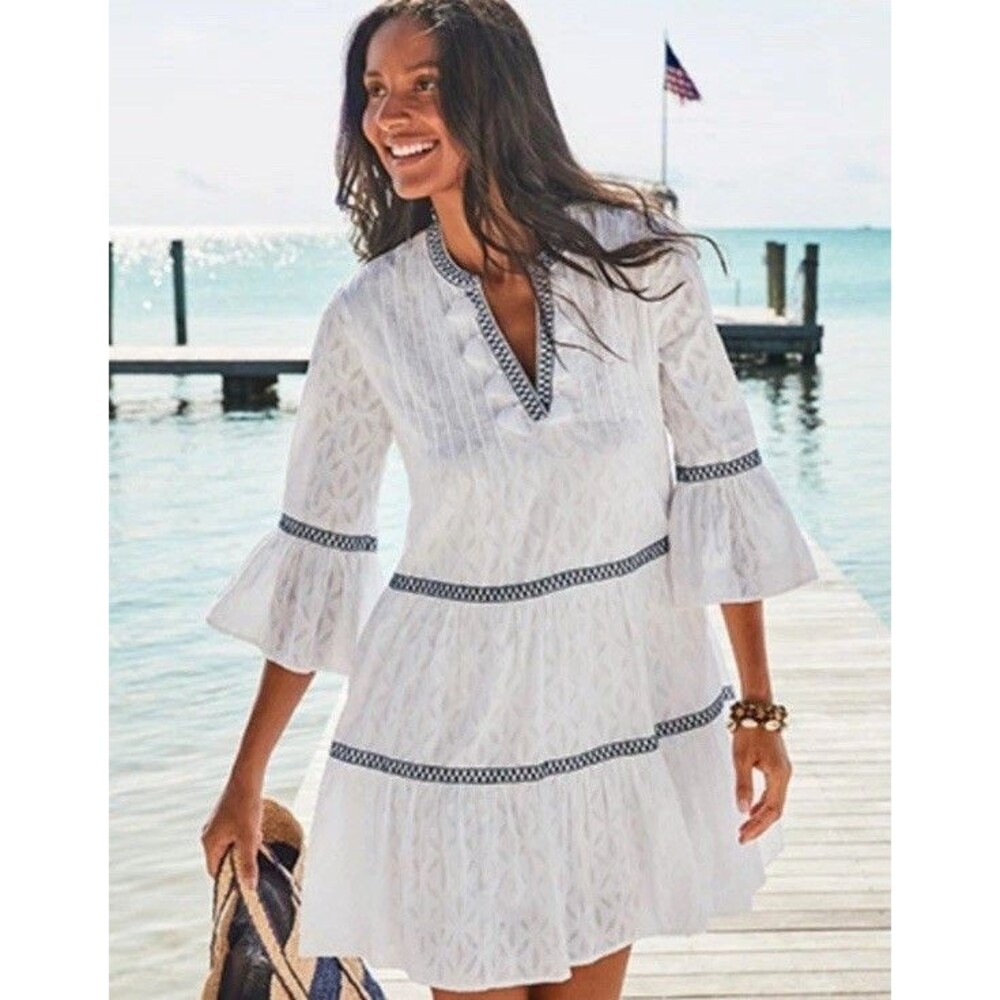 Tommy Bahama Cotton Clip Embroidered Tier Dress XL vacation white boho country
